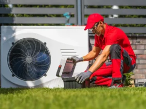 HVAC tech performing heat pump service